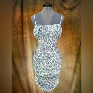 Sz S For Love And Lemons Floral Ruched Mini Dress Blue Shirred Tank Straps MIDI